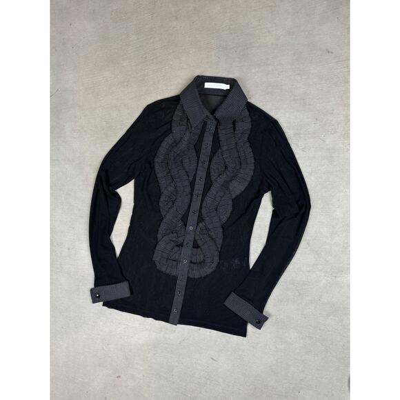 Anne Fontaine Black Button Up Sheer Ruffle Long Sleeve Top Blouse Size 38 US 4/6 - Picture 1 of 8